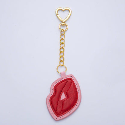 18K Gold Filled Red Lip Faux Leather Bag Charm Keychain Heart Push Gate Key Ring Accessories | WB-00235