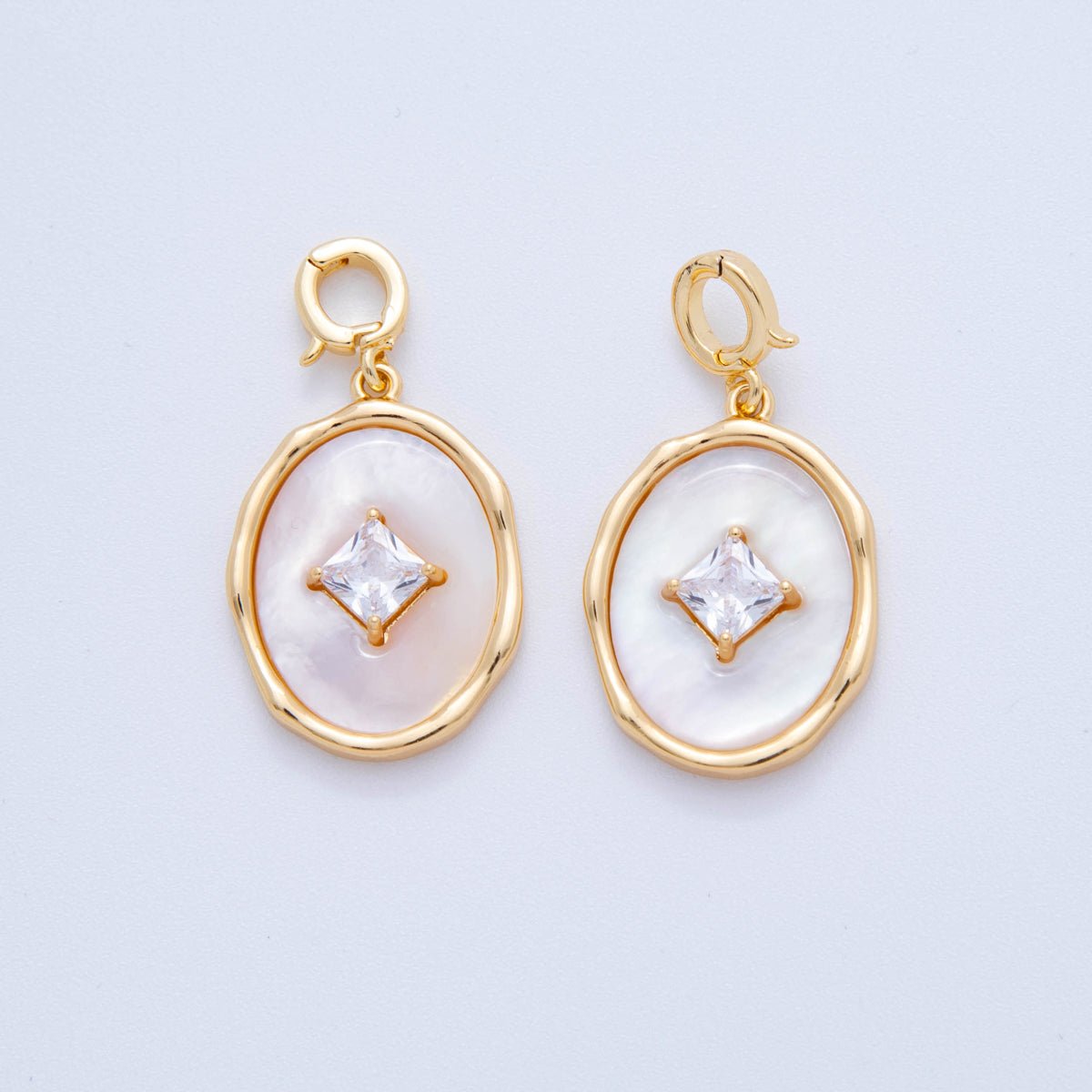 18K Gold Filled Rhombus CZ White Enamel Molten Oval Latch Snap Bail Pendant | AH758