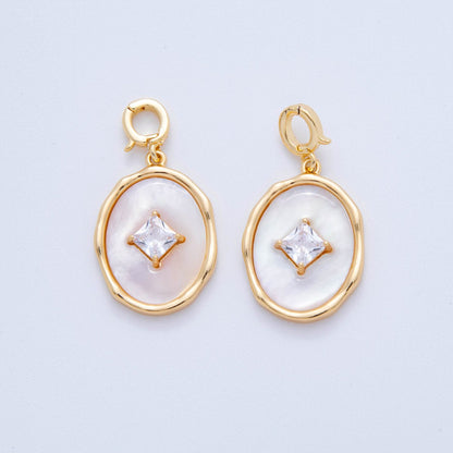 18K Gold Filled Rhombus CZ White Enamel Molten Oval Latch Snap Bail Pendant | AH758