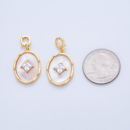18K Gold Filled Rhombus CZ White Enamel Molten Oval Latch Snap Bail Pendant | AH758
