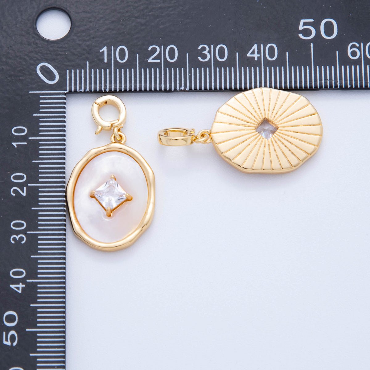 18K Gold Filled Rhombus CZ White Enamel Molten Oval Latch Snap Bail Pendant | AH758