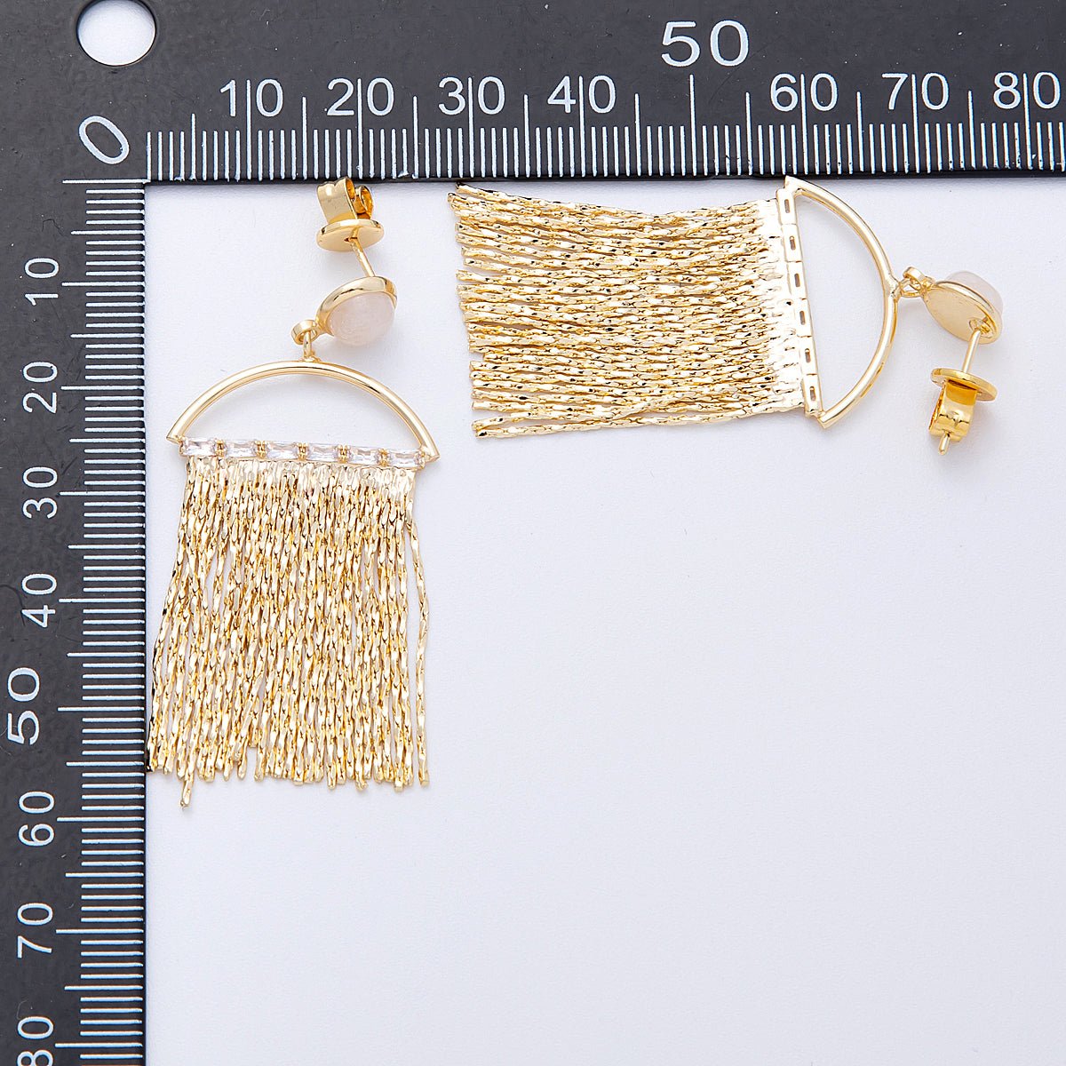 18K Gold Filled Rose Quartz Baguette Semi-Circle Fringe Drop Stud Earrings | Earrings-00295
