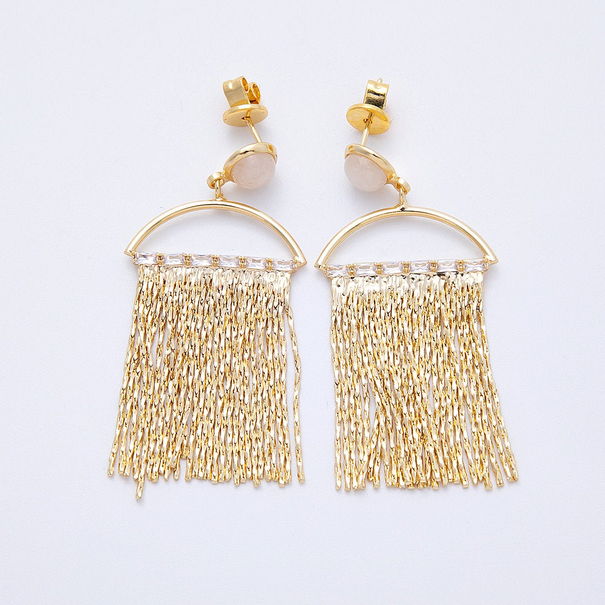 18K Gold Filled Rose Quartz Baguette Semi-Circle Fringe Drop Stud Earrings | Earrings-00295