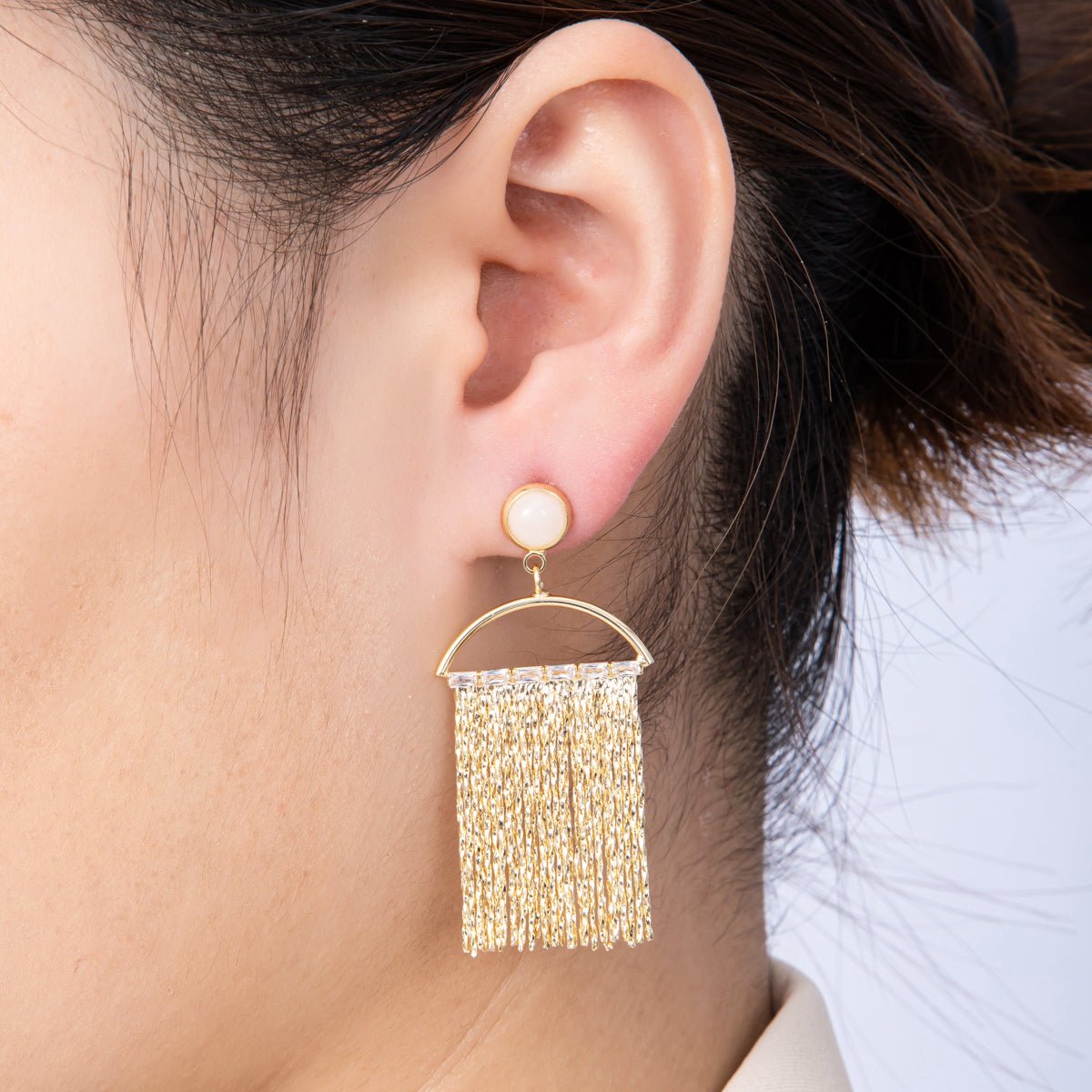 18K Gold Filled Rose Quartz Baguette Semi-Circle Fringe Drop Stud Earrings | Earrings-00295