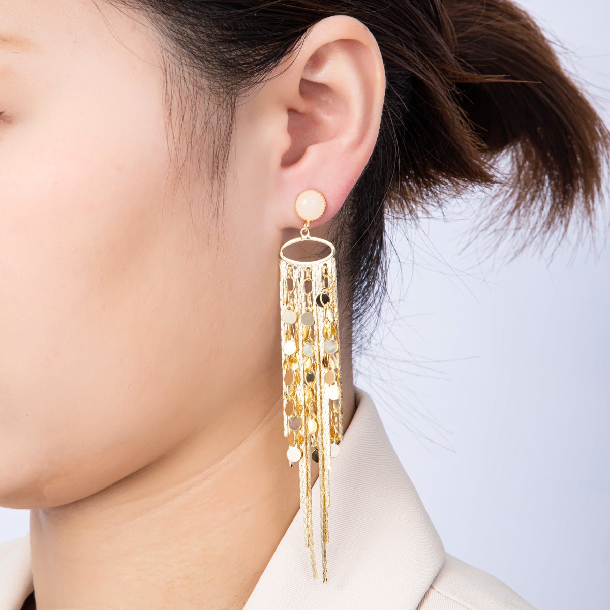18K Gold Filled Rose Quartz Round Fringe Statement Drop Stud Earrings | Earrings-00294
