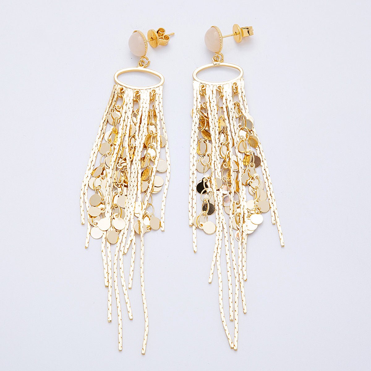 18K Gold Filled Rose Quartz Round Fringe Statement Drop Stud Earrings | Earrings-00294