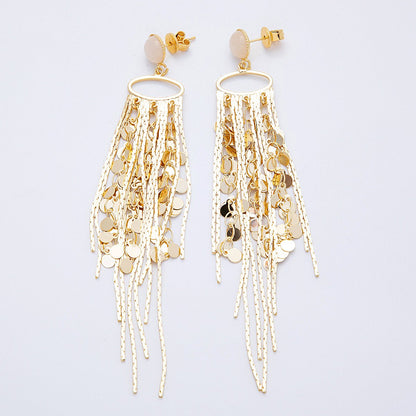 18K Gold Filled Rose Quartz Round Fringe Statement Drop Stud Earrings | Earrings-00294