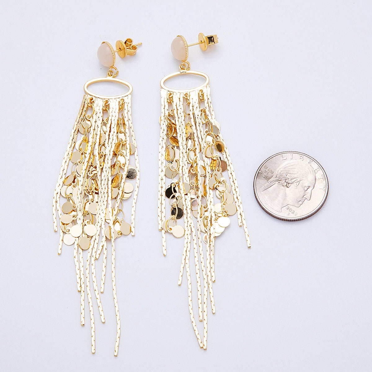 18K Gold Filled Rose Quartz Round Fringe Statement Drop Stud Earrings | Earrings-00294