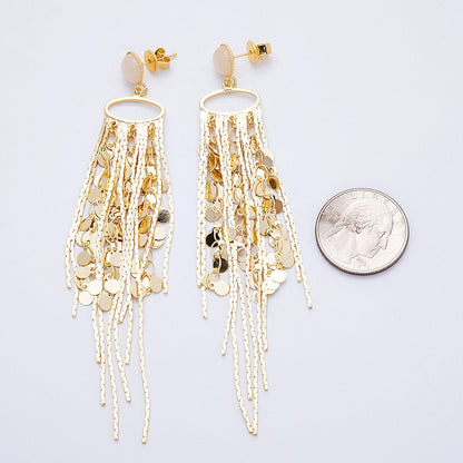 18K Gold Filled Rose Quartz Round Fringe Statement Drop Stud Earrings | Earrings-00294