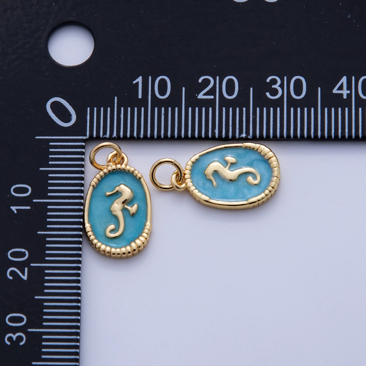18K Gold Filled Sea Horse Blue Enamel Oblong Charm | AF309