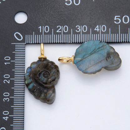 18K Gold Filled Seashell Abalone, Labradorite Gemstone Clam Seashell Drop Charm | AH-839