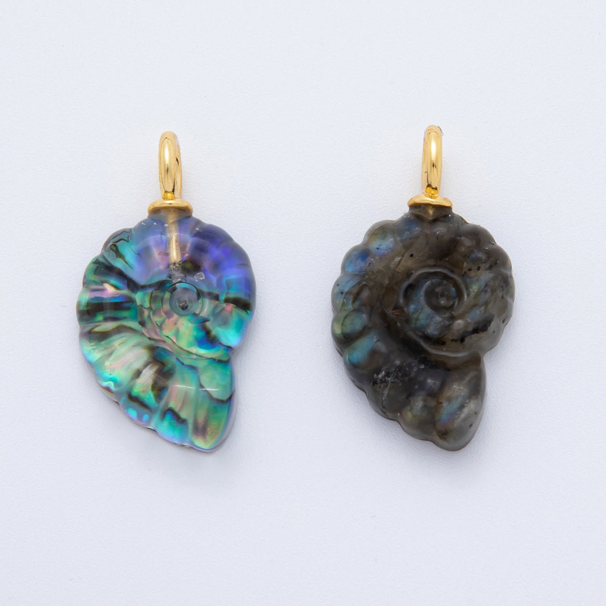 18K Gold Filled Seashell Abalone, Labradorite Gemstone Clam Seashell Drop Charm | AH-839
