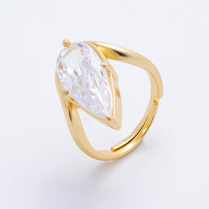 18K Gold Filled Pink, Clear Teardrop CZ Solitaire Curved Adjustable Ring | O2208