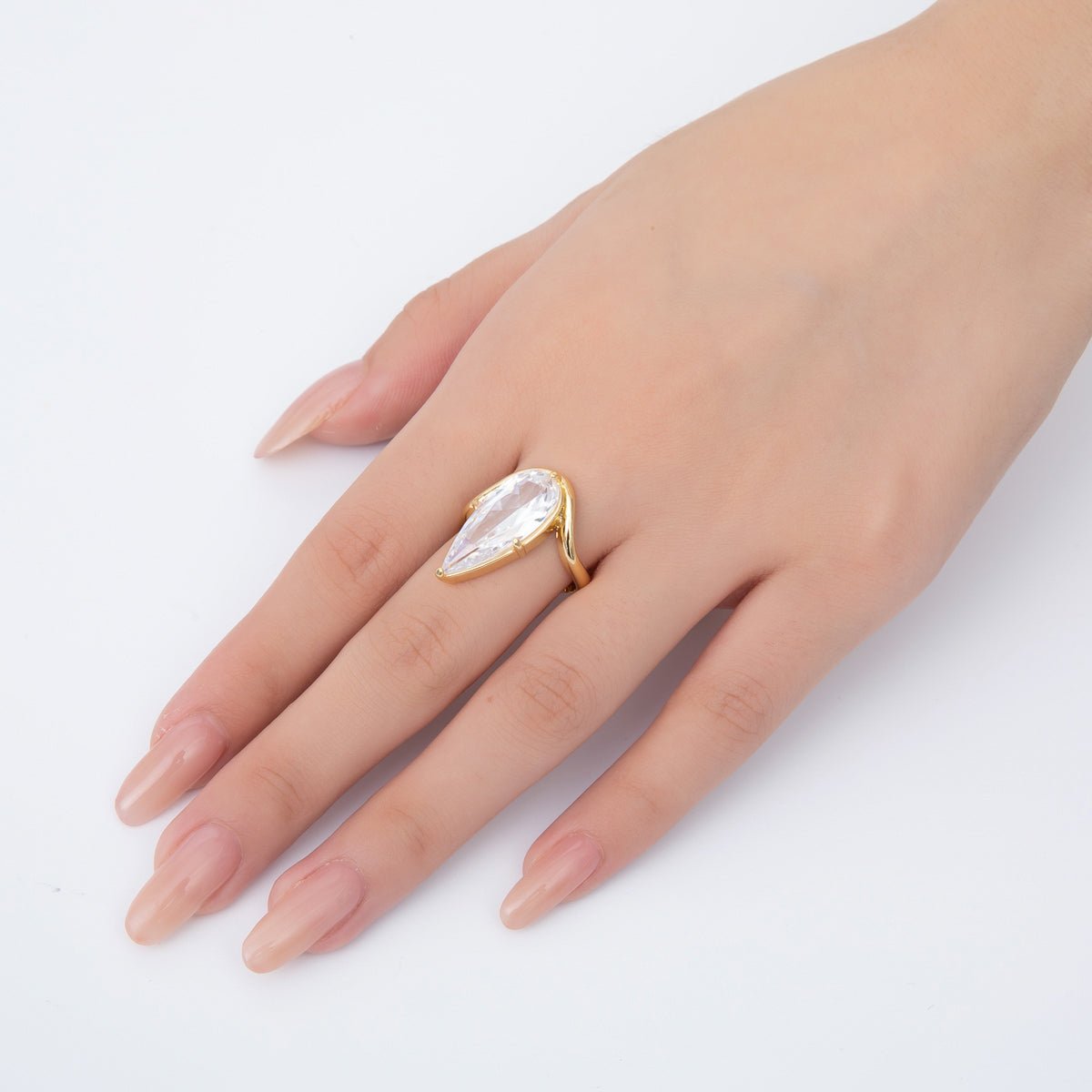 18K Gold Filled Pink, Clear Teardrop CZ Solitaire Curved Adjustable Ring | O2208