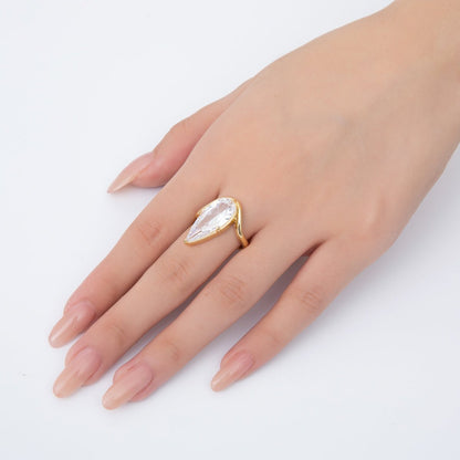 18K Gold Filled Pink, Clear Teardrop CZ Solitaire Curved Adjustable Ring | O2208