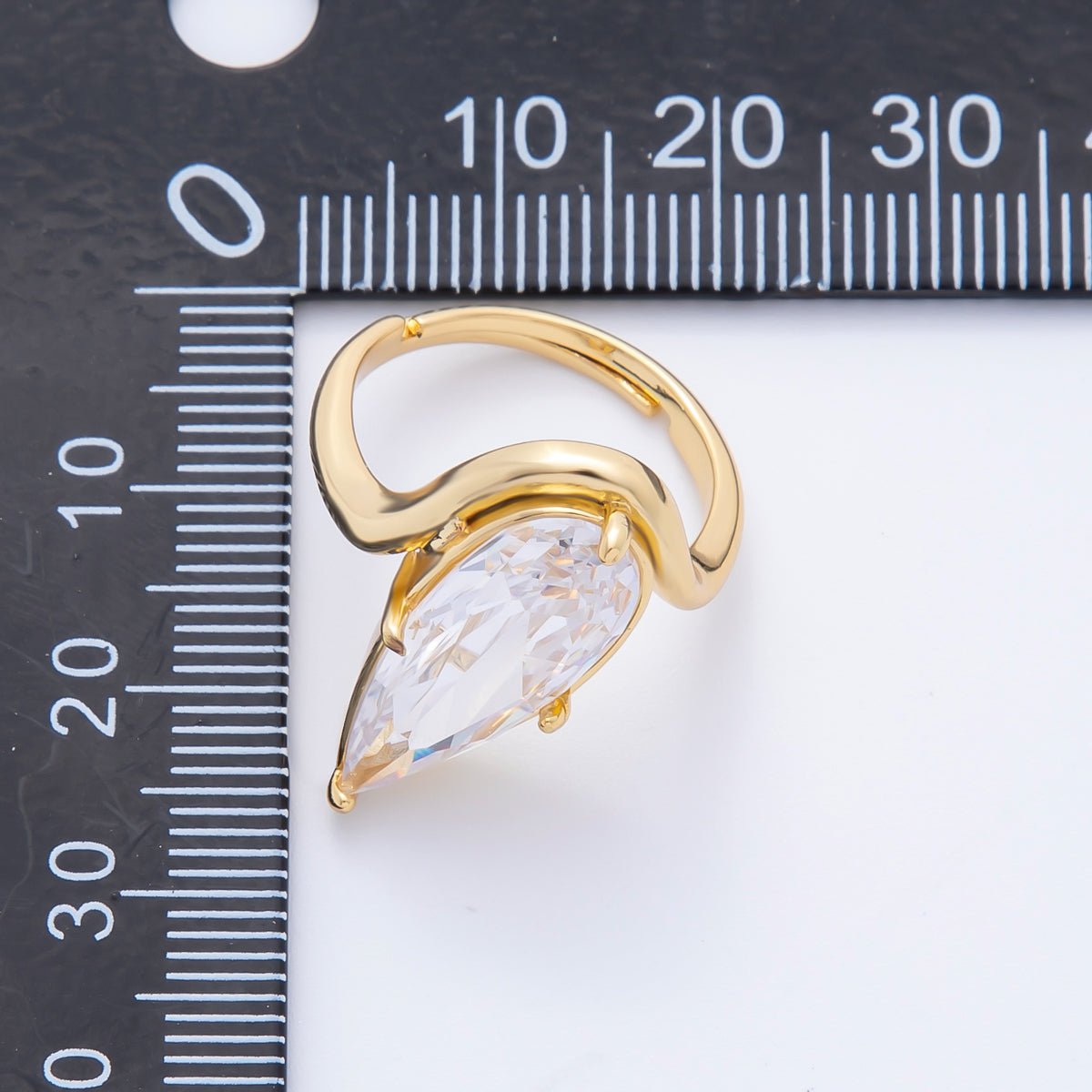 18K Gold Filled Pink, Clear Teardrop CZ Solitaire Curved Adjustable Ring | O2208
