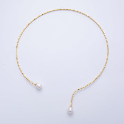 18K Gold Filled Shell Pearl Drop Geometric Edged Collar Necklace | WA-03999