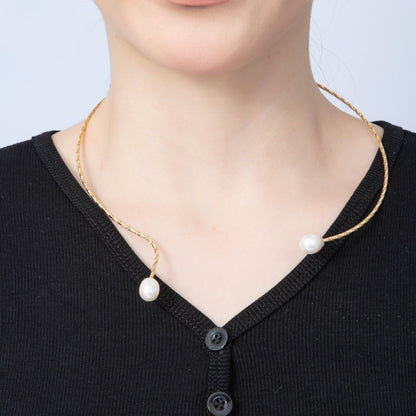 18K Gold Filled Shell Pearl Drop Geometric Edged Collar Necklace | WA-03999
