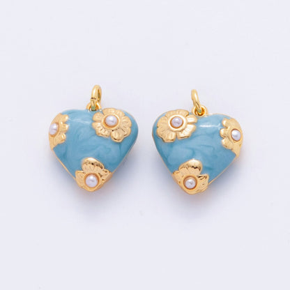 18K Gold Filled Blue Shell Pearl Flower Chubby Heart Multidimensional 3D Charm | N260