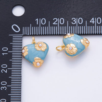 18K Gold Filled Blue Shell Pearl Flower Chubby Heart Multidimensional 3D Charm | N260