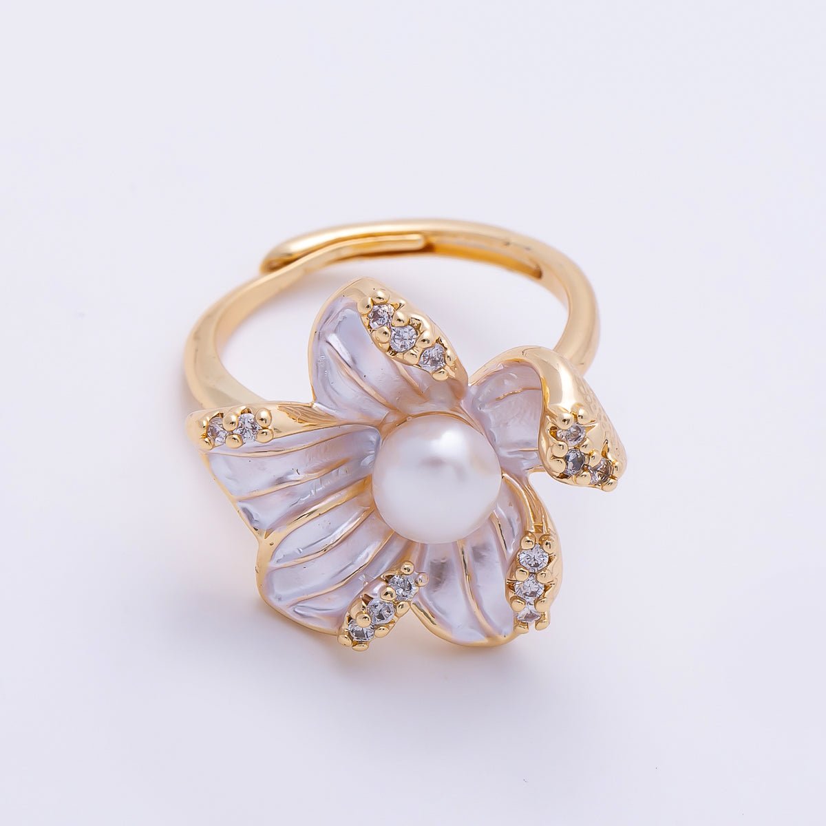 18K Gold Filled Shell Pearl Micro Paved CZ Enamel Flower Ring | Rings-00286
