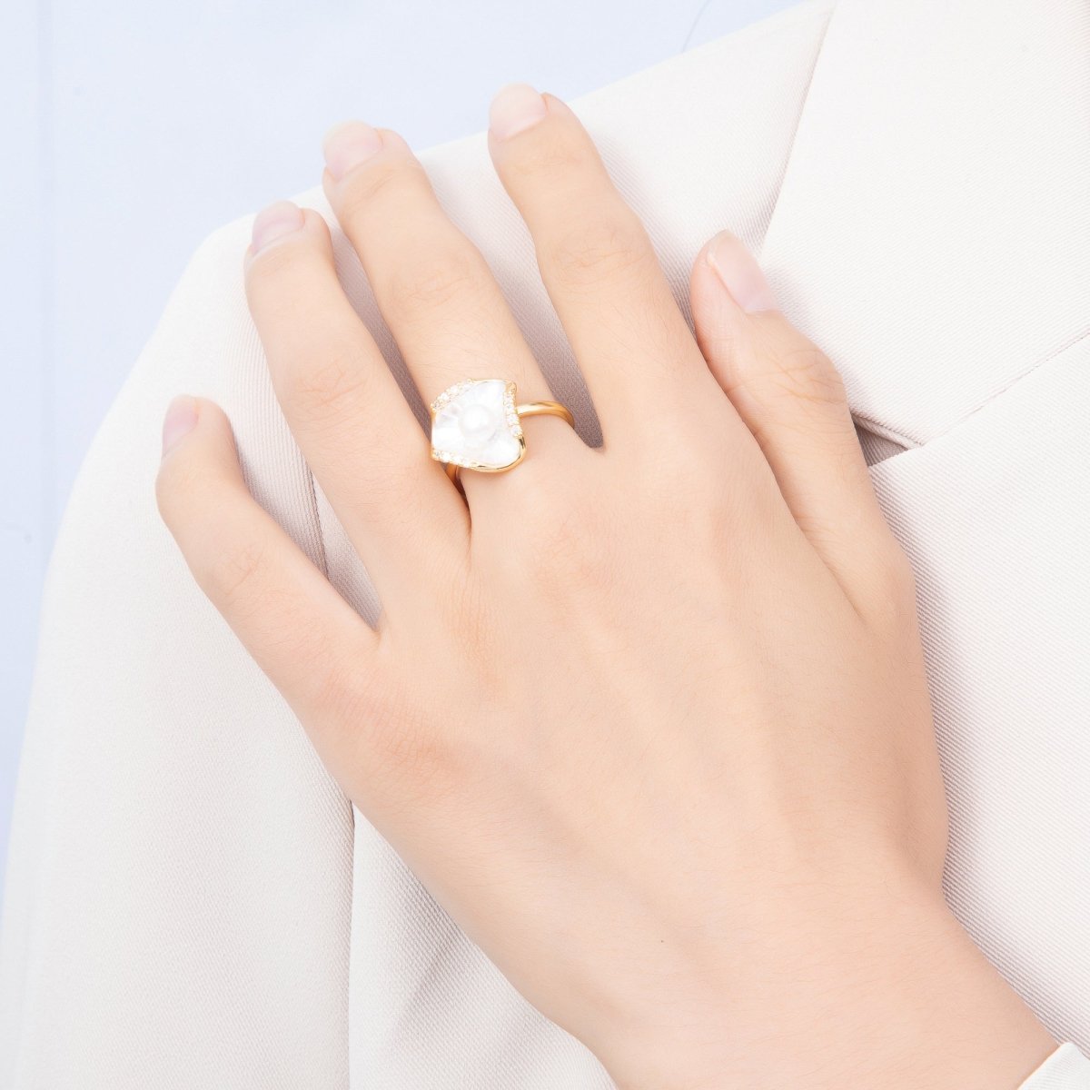 18K Gold Filled Shell Pearl Micro Paved CZ Enamel Scallop Sea Ring | Rings-00287