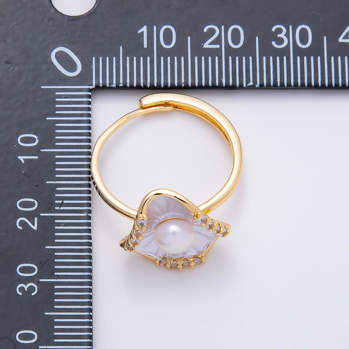 18K Gold Filled Shell Pearl Micro Paved CZ Enamel Scallop Sea Ring | Rings-00287