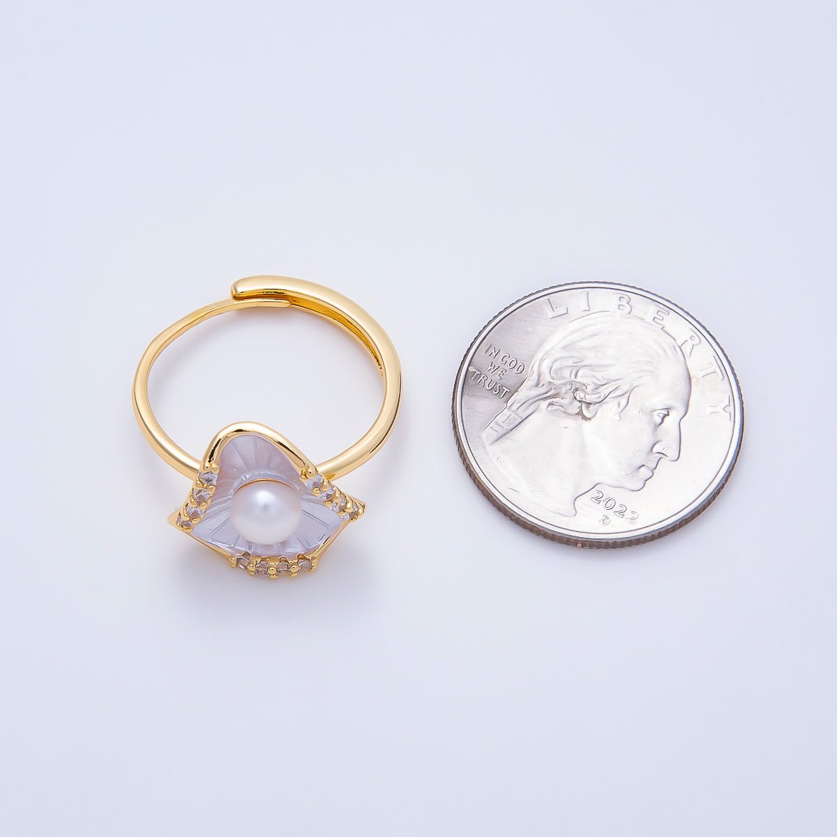18K Gold Filled Shell Pearl Micro Paved CZ Enamel Scallop Sea Ring | Rings-00287