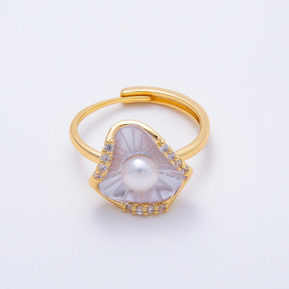 18K Gold Filled Shell Pearl Micro Paved CZ Enamel Scallop Sea Ring | Rings-00287