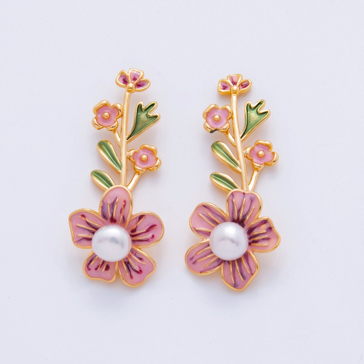 18K Gold Filled Shell Pearl Pink Flower Plant Enamel Pendant | AH713
