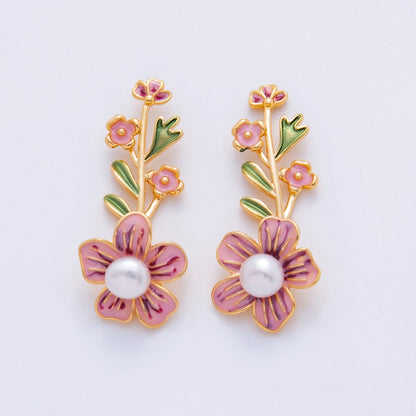 18K Gold Filled Shell Pearl Pink Flower Plant Enamel Pendant | AH713