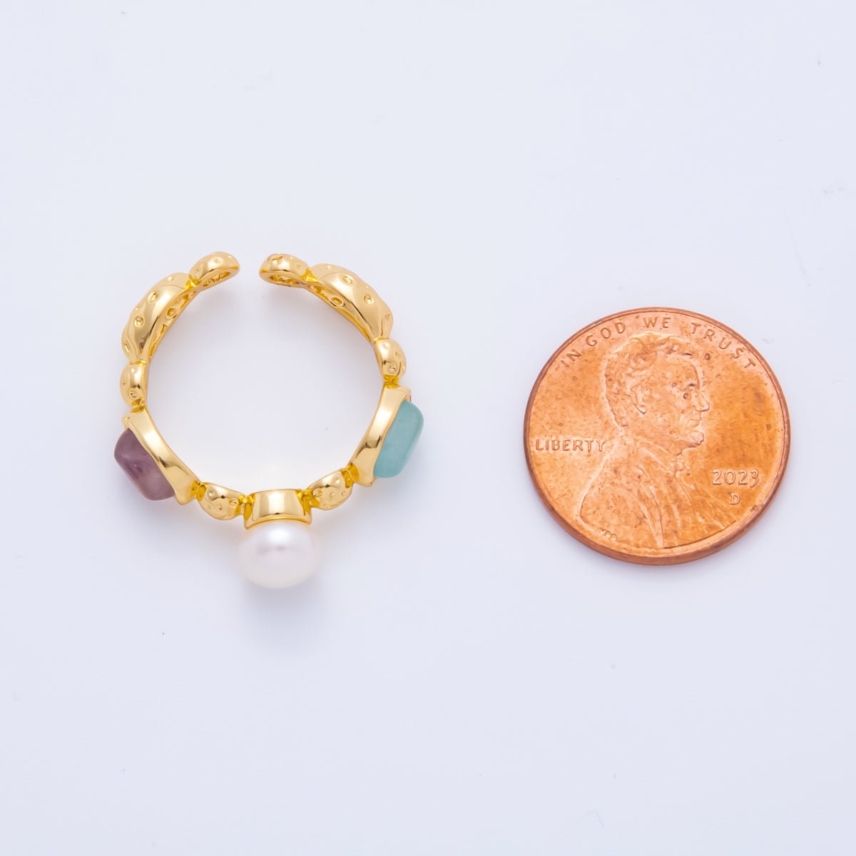 18K Gold Filled Shell Pearl Statement with Pastel Gemstones Adjustable Ring | O-037