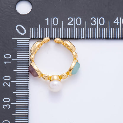 18K Gold Filled Shell Pearl Statement with Pastel Gemstones Adjustable Ring | O-037