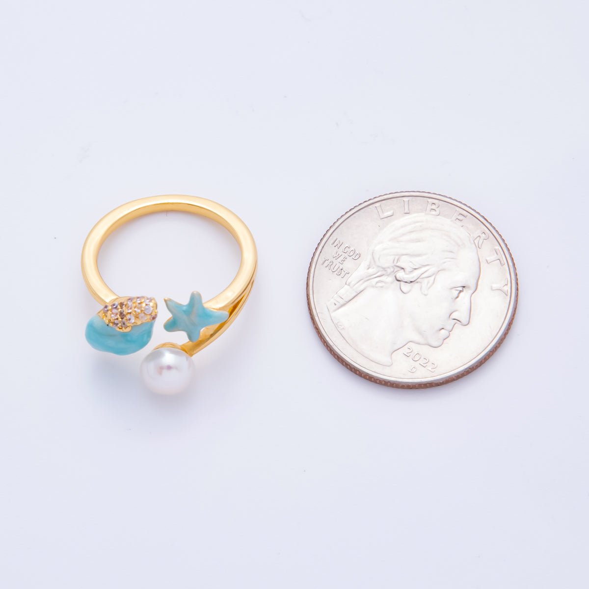 18K Gold Filled Sky Blue Enamel Nautical Theme with Starfish, Clam Shell, &amp; Shell Pearl Adjustable Ring | O-035