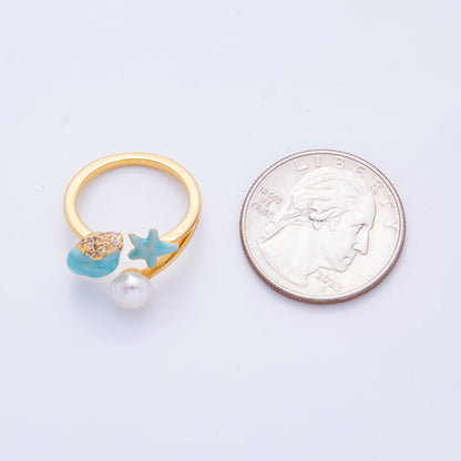 18K Gold Filled Sky Blue Enamel Nautical Theme with Starfish, Clam Shell, &amp; Shell Pearl Adjustable Ring | O-035