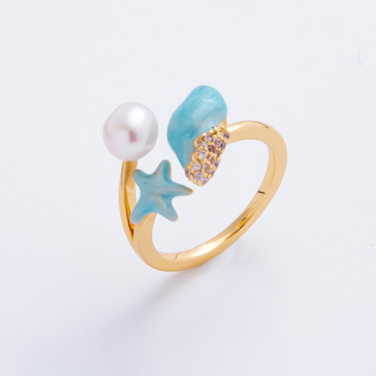 18K Gold Filled Sky Blue Enamel Nautical Theme with Starfish, Clam Shell, &amp; Shell Pearl Adjustable Ring | O-035