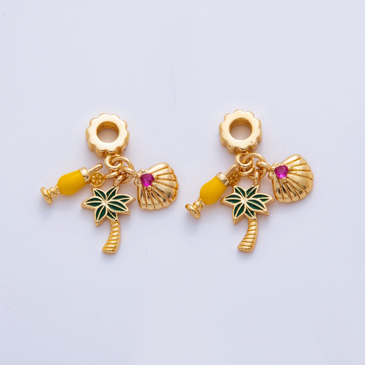 18K Gold Filled Summer Mimosa Shell Palm Tree Ribbed Rhondelle Drop Pendant | M814