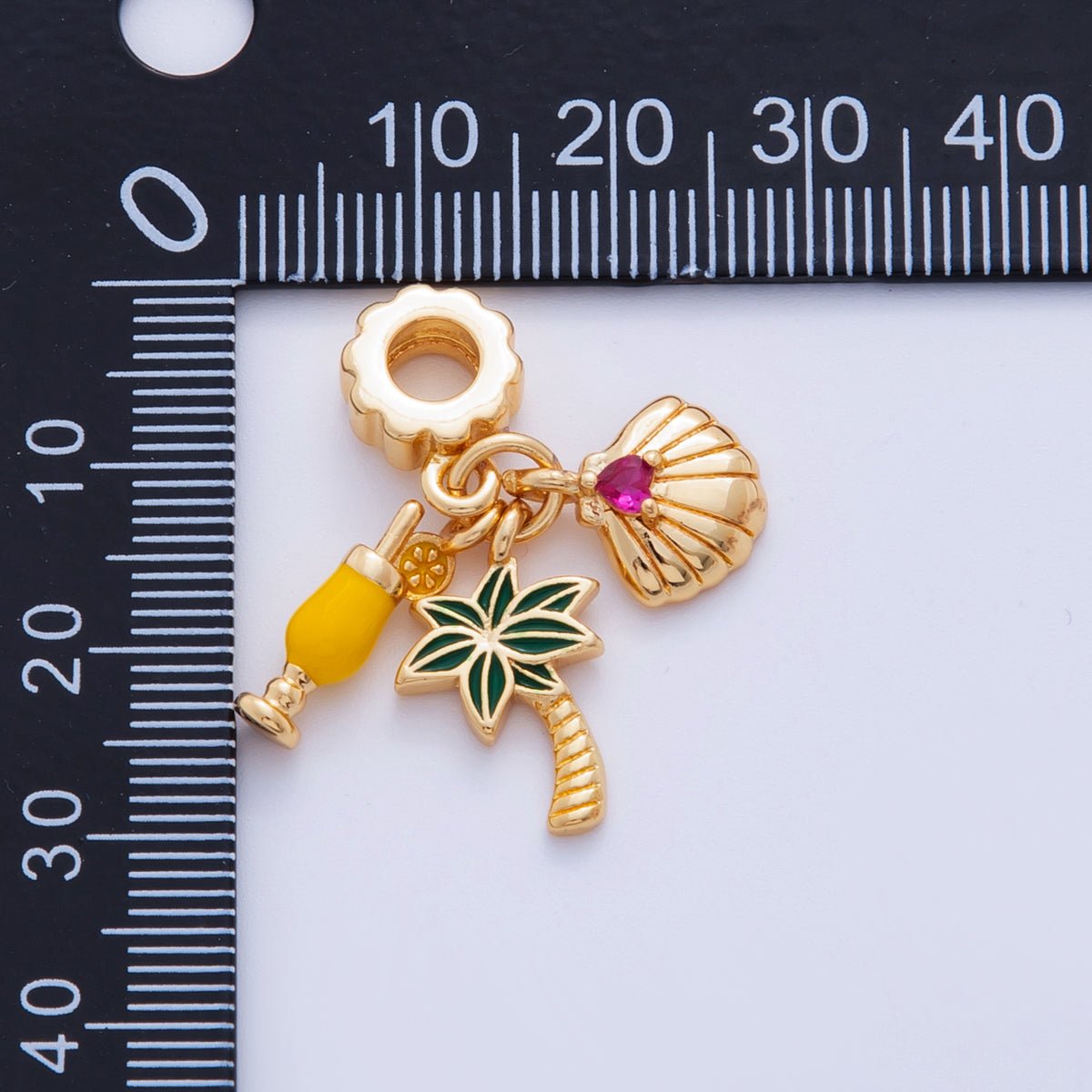 18K Gold Filled Summer Mimosa Shell Palm Tree Ribbed Rhondelle Drop Pendant | M814