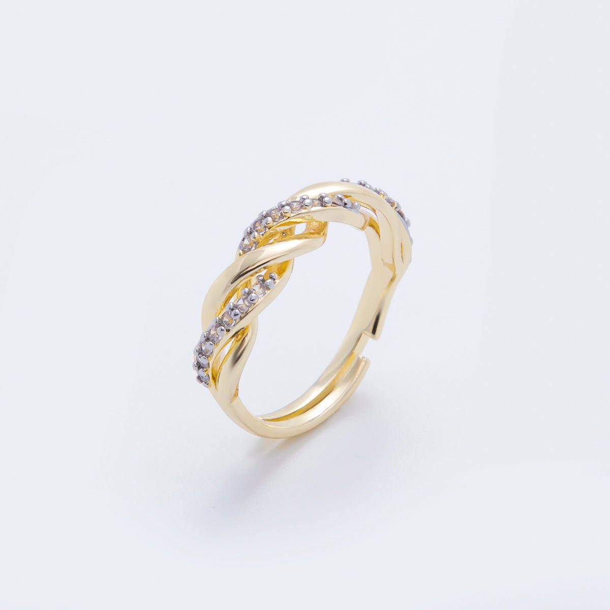 18K Gold Filled Micro Paved CZ Twisted Rope Adjustable Ring in Gold &amp; Mixed Metal | O2006 O2114