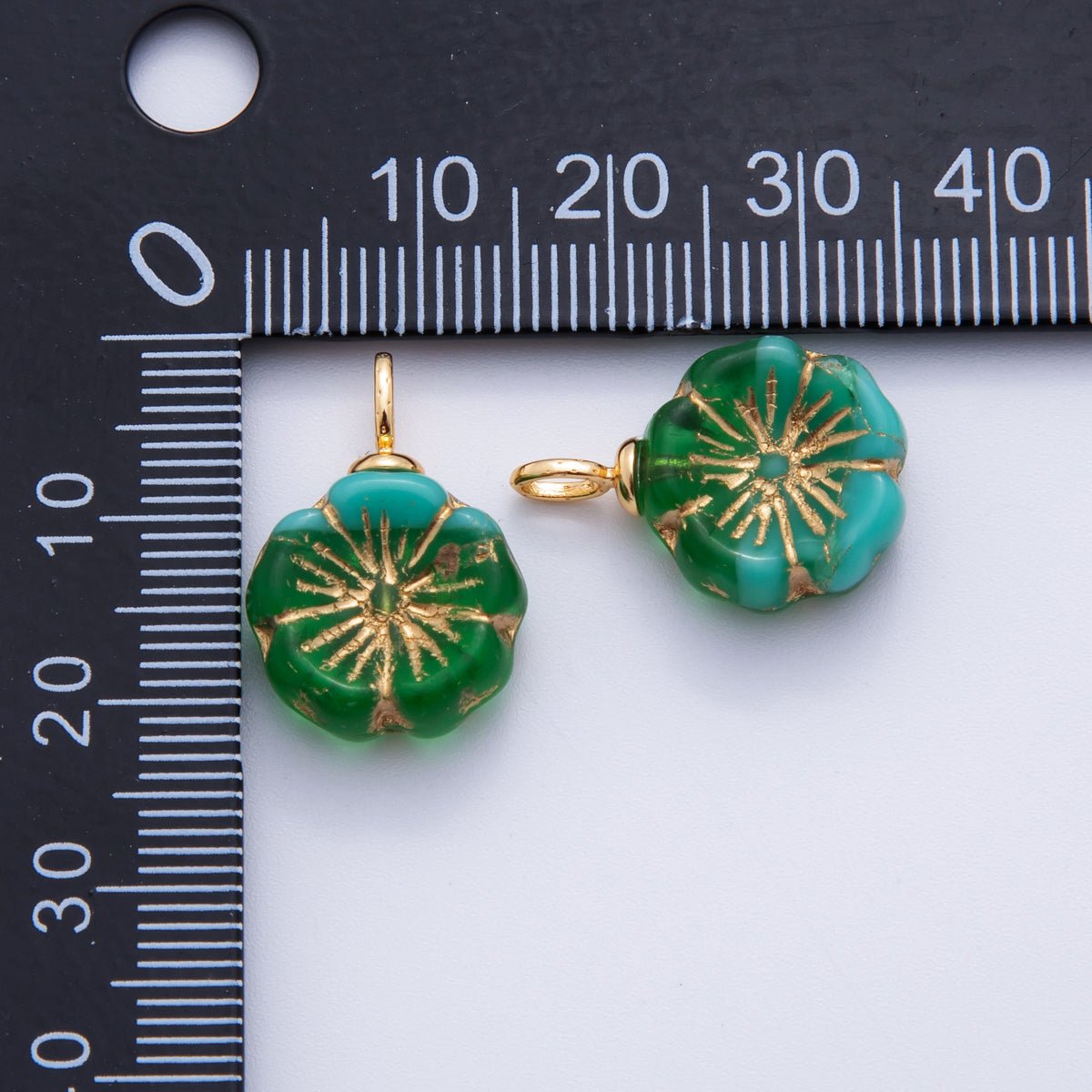 18K Gold Filled Teal Green Gold Lined Flower Acrylic Drop Charm | AF720