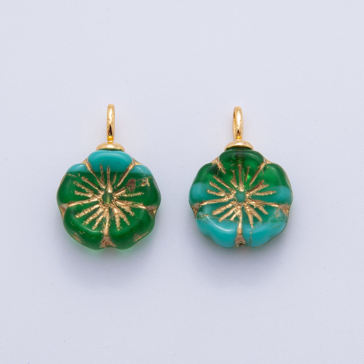 18K Gold Filled Teal Green Gold Lined Flower Acrylic Drop Charm | AF720