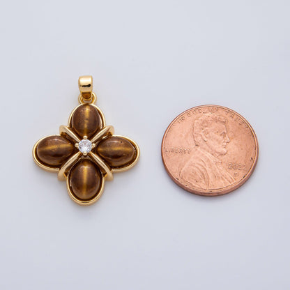 18K Gold Filled Clear CZ Tiger Eye Natural Gemstone Tied Clover Pendant | AF1167