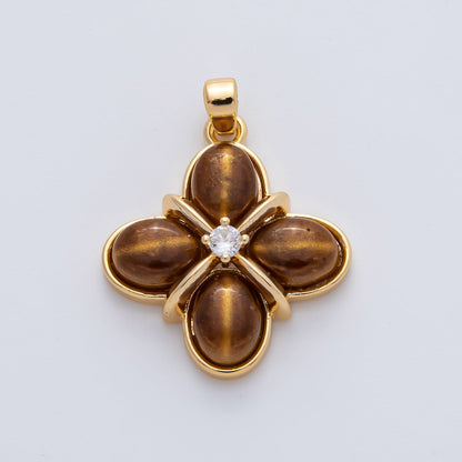 18K Gold Filled Clear CZ Tiger Eye Natural Gemstone Tied Clover Pendant | AF1167