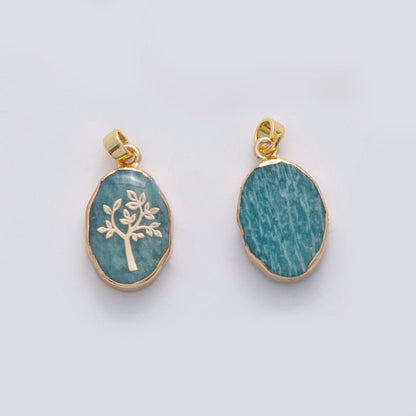 18K Gold Filled Tree Blue Amazonite Oblong Pendant | AH696