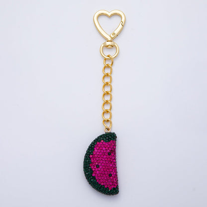 18K Gold Filled Watermelon Bedazzled Bag Charm Heart Push Gate Keychain Accessories | WB-00239