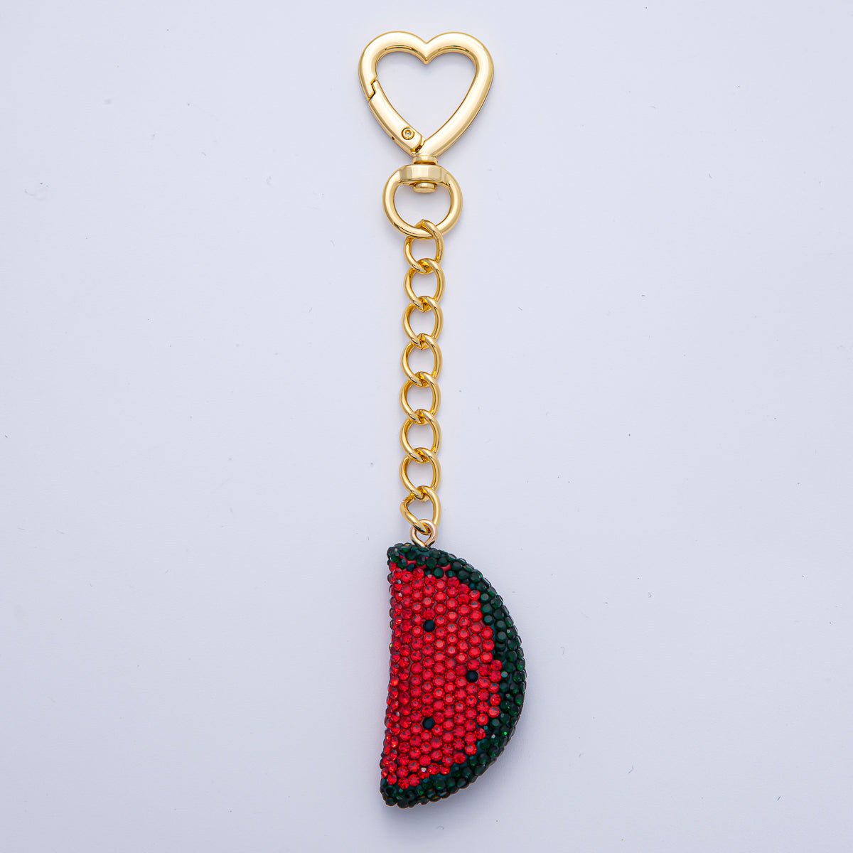 18K Gold Filled Watermelon Bedazzled Bag Charm Heart Push Gate Keychain Accessories | WB-00239