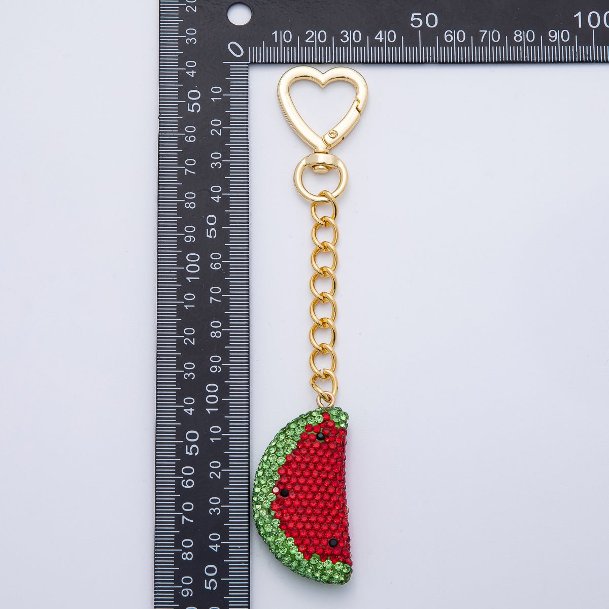 18K Gold Filled Watermelon Bedazzled Bag Charm Heart Push Gate Keychain Accessories | WB-00239
