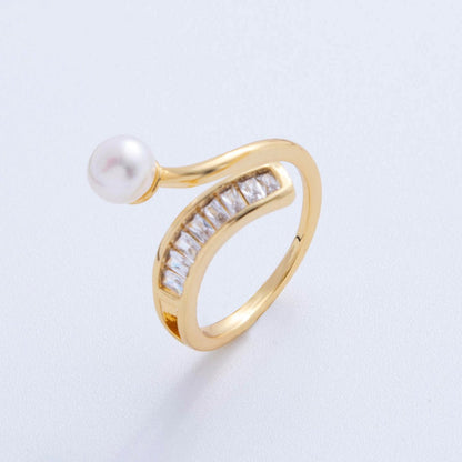 18K Gold Filled White, Pink Shell Pearl Baguette Curved Band Ring | O2027 O2028
