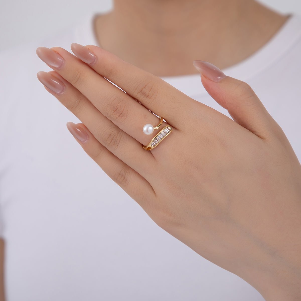 18K Gold Filled White, Pink Shell Pearl Baguette Curved Band Ring | O2027 O2028