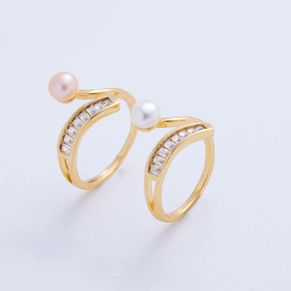 18K Gold Filled White, Pink Shell Pearl Baguette Curved Band Ring | O2027 O2028